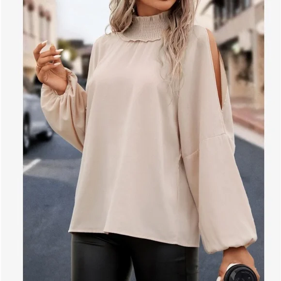 Elegant Smocked Mock Neck Cut Out Cold Shoulder Top Blouse Shirt - Picture 5 of 7